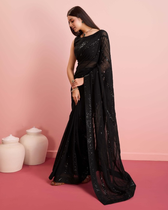 Georgette fabric with Embroidered sequins work Black Saree Sarees