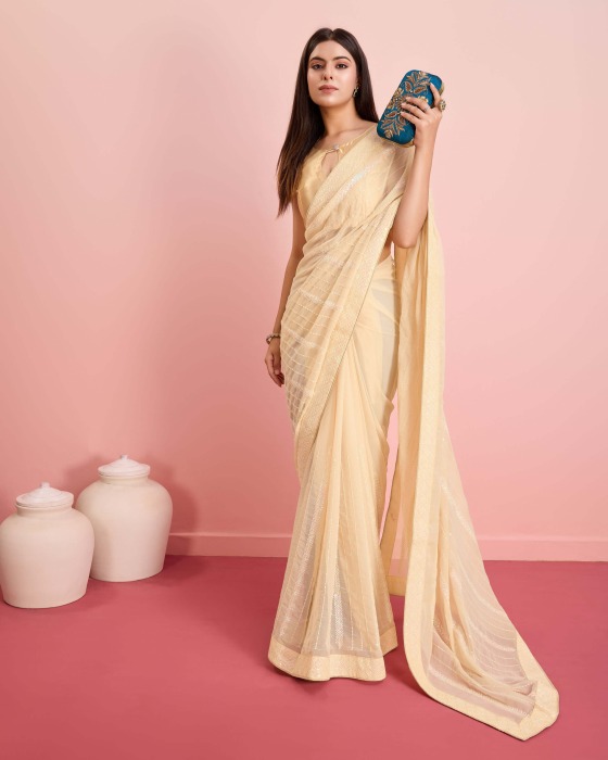 Georgette fabric with Embroidered sequins work Cream Saree Net Sarees