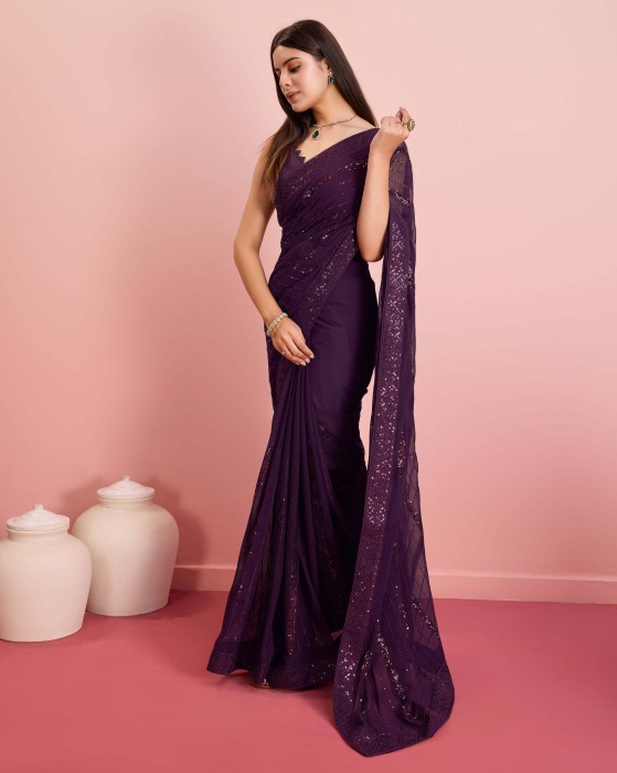 Georgette fabric with Embroidered sequins work Purple Saree Net Sarees