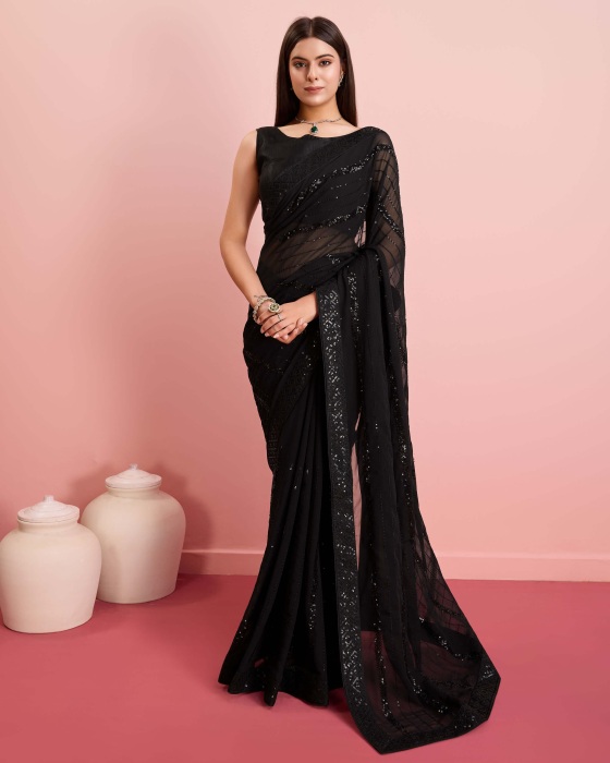 Georgette fabric with Embroidered sequins work Black Saree Net Sarees