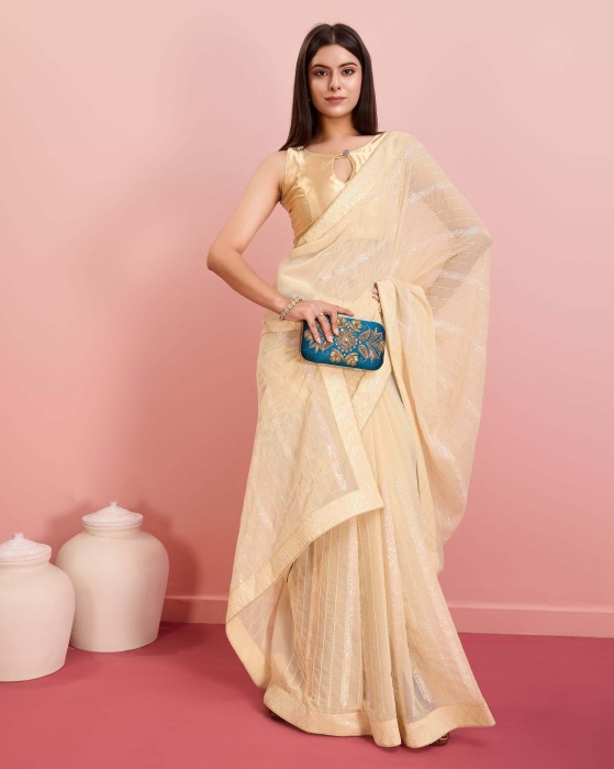 Georgette fabric with Embroidered sequins work Cream Saree Net Sarees