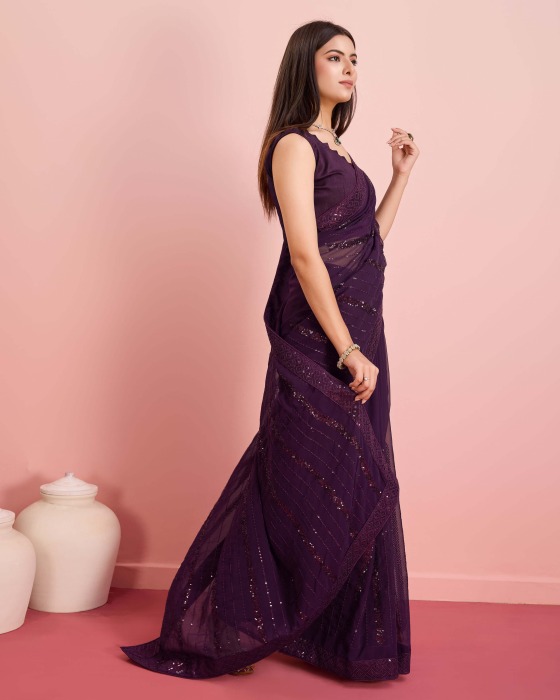 Georgette fabric with Embroidered sequins work Purple Saree Net Sarees