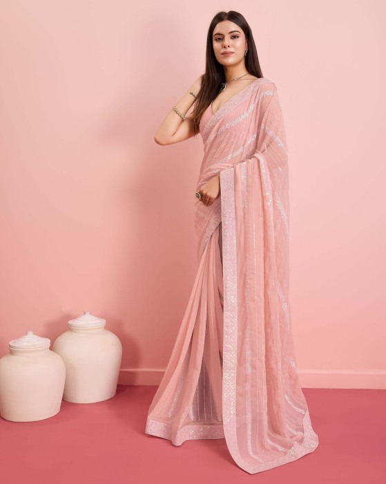 Georgette fabric with Embroidered sequins work Peach Saree Net Sarees