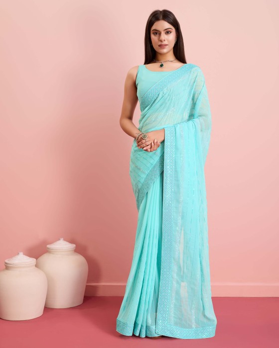 Georgette fabric with Embroidered sequins work Sky Blue Saree Net Sarees