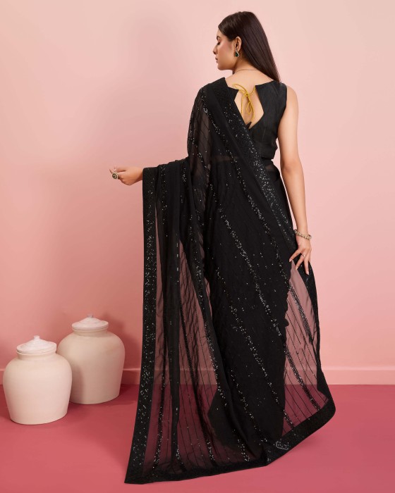 Georgette fabric with Embroidered sequins work Black Saree Net Sarees