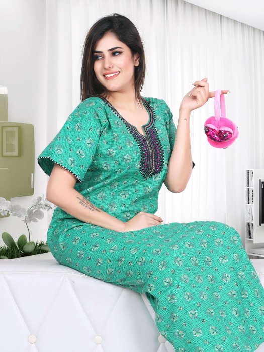 green cotton night maxi printed with embroidery design 