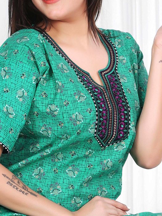 green cotton night maxi printed with embroidery design  cotton night gown