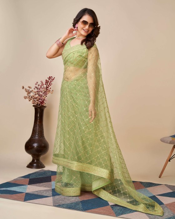 Green Net fabric   Embroidery work Sarees