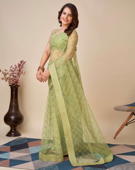 Green Net fabric   Embroidery work Sarees Net Sarees