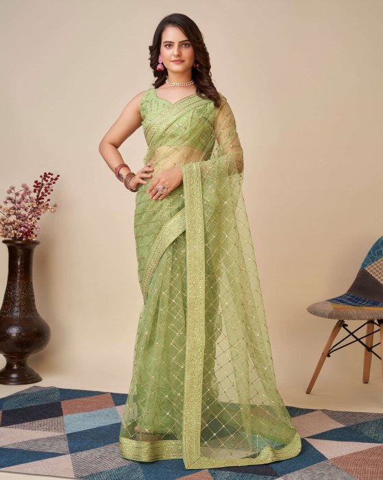 Green Net fabric   Embroidery work Sarees Net Sarees