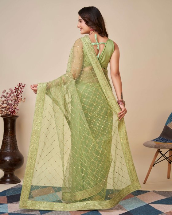 Green Net fabric   Embroidery work Sarees Net Sarees