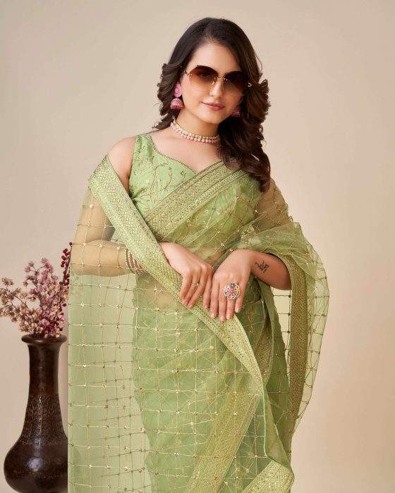 Green Net fabric   Embroidery work Sarees Net Sarees