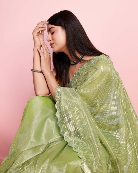 Green Silver Twill  Net fabric with Sequins work Saree Sarees
