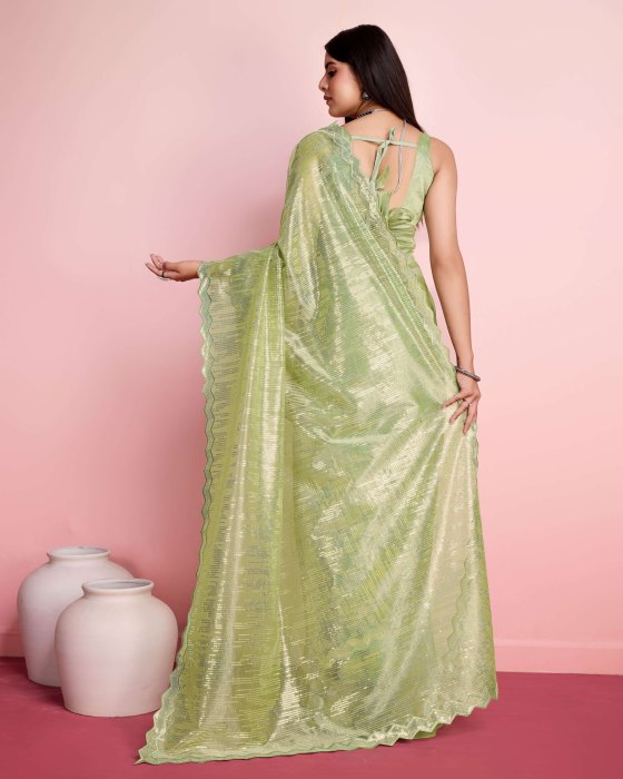 Green Silver Twill  Net fabric with Sequins work Saree Net Sarees