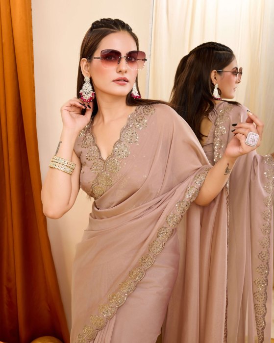 Khaki Organza Silk fabric with Copper Sequins work Sarees