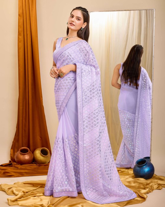 Lpurple Georgette  fabric with C pallu All Over Sequence Work Net Sarees