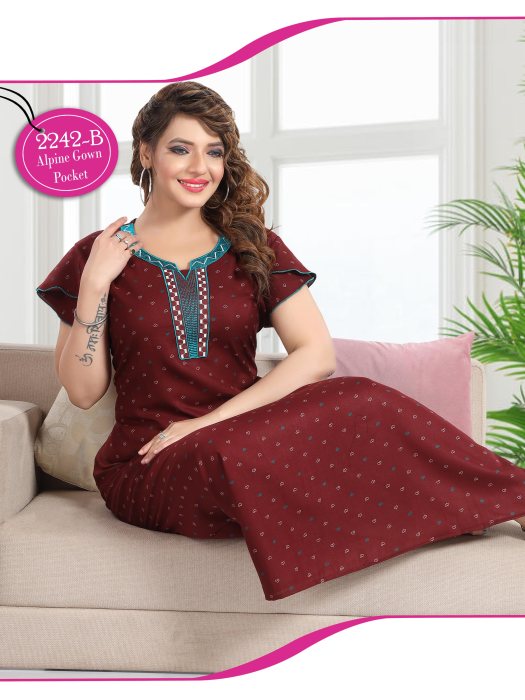 maroon alpine cotton embroidery with printed design night gown  women nighty