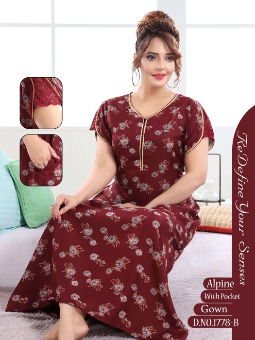maroon alpine cotton night gown with zip and flower design  alpine cotton night gown