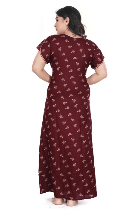 maroon alpine cotton night gown with zip and mini flowre design  alpine cotton night gown