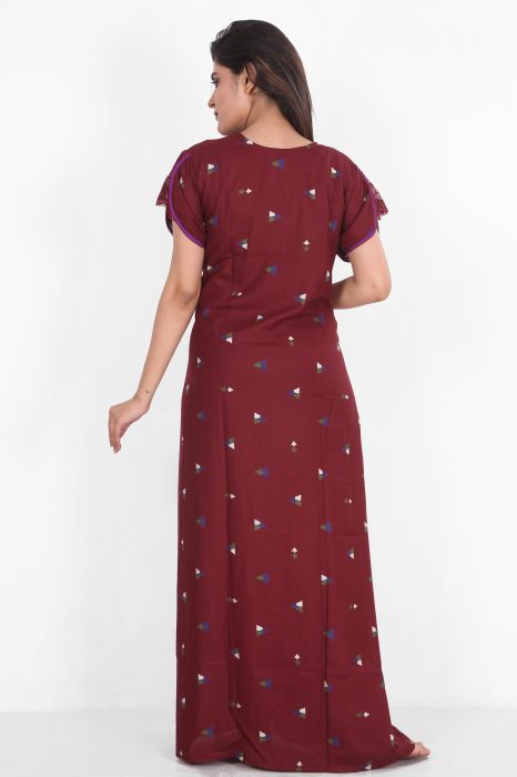 maroon alpine cotton night gown with zip and trikon design  alpine cotton night gown