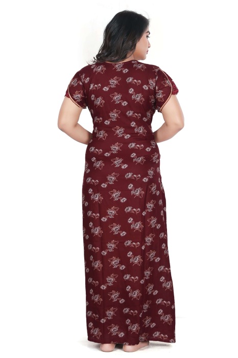 maroon alpine cotton night gown with zip and flower design  alpine cotton night gown