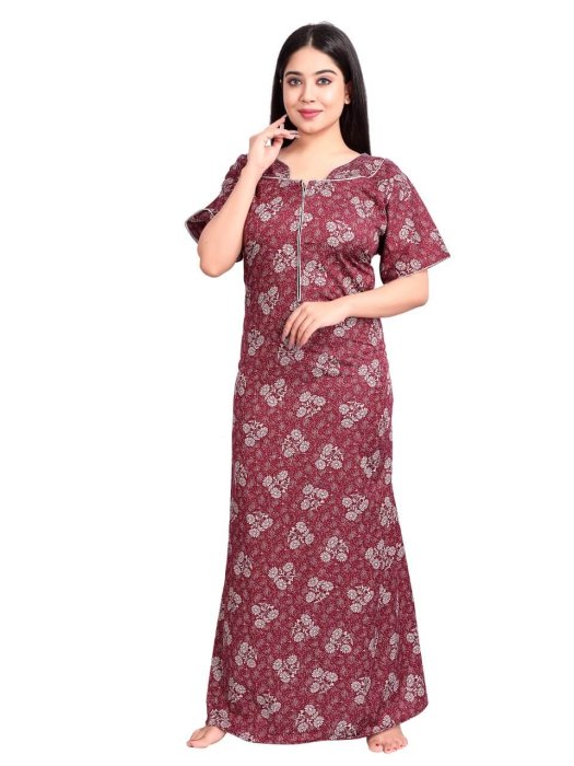 maroon cotton night gown flower with zip design  cotton night gown