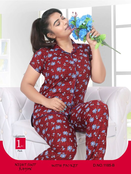 maroon rayon chex with flower design night suit