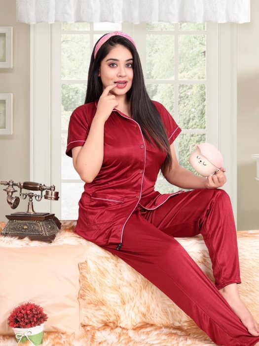 maroon satin plan with piping night suit
