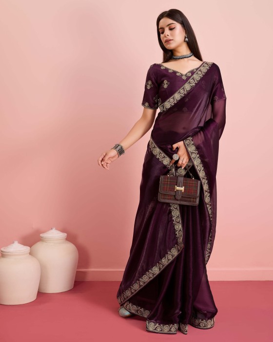 Marron Party Wear Soft Premium Burberry silk Saree Net Sarees