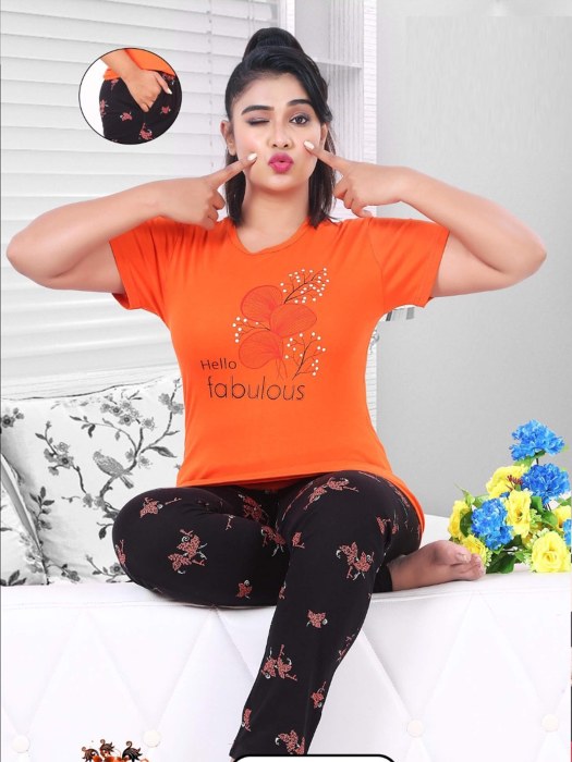 orange hosiery cotton sinkar top with pyjama set night suit women night suit