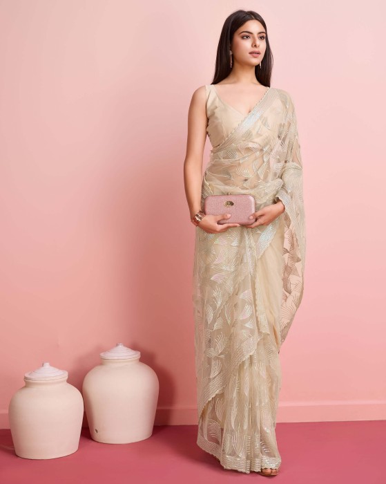 Over Sequence Work  Leaf Off White Net Sarees