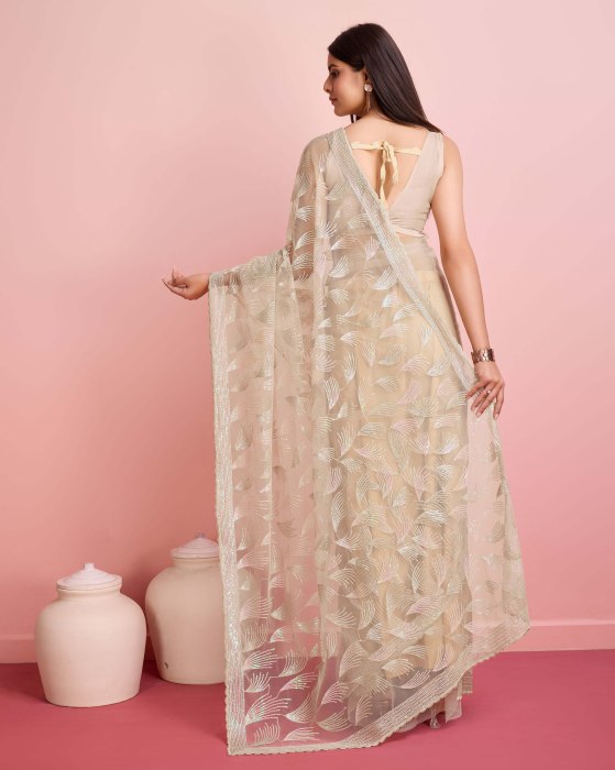 Over Sequence Work  Leaf Off White Net Sarees