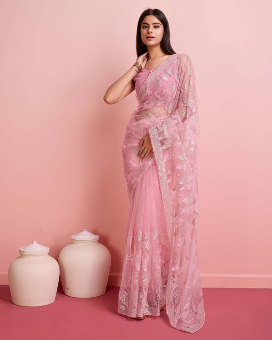 Over Sequence Work  Leaf Pink Net Sarees