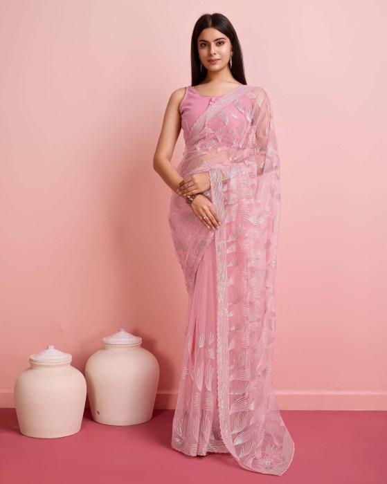 Over Sequence Work  Leaf Pink Net Sarees