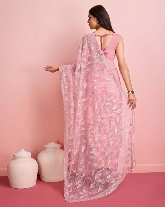 Over Sequence Work  Leaf Pink Net Sarees