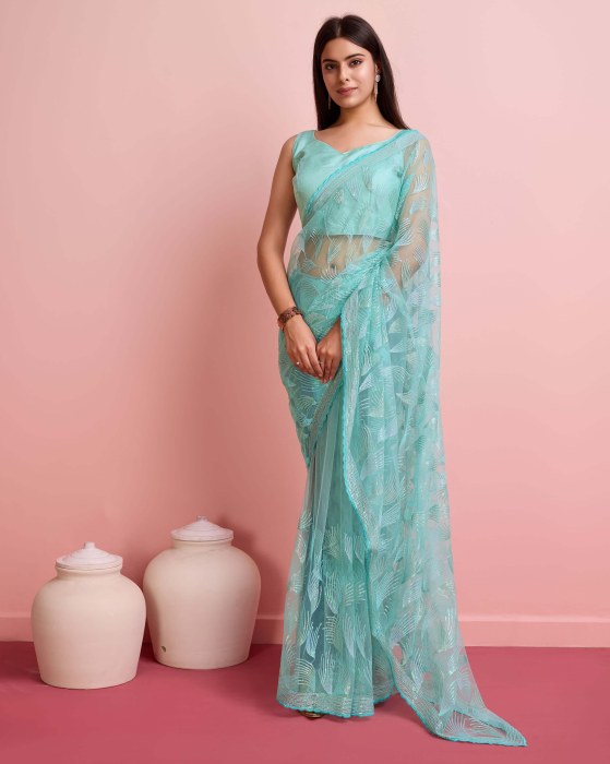 Over Sequence Work  Leaf Sky Blue Net Sarees