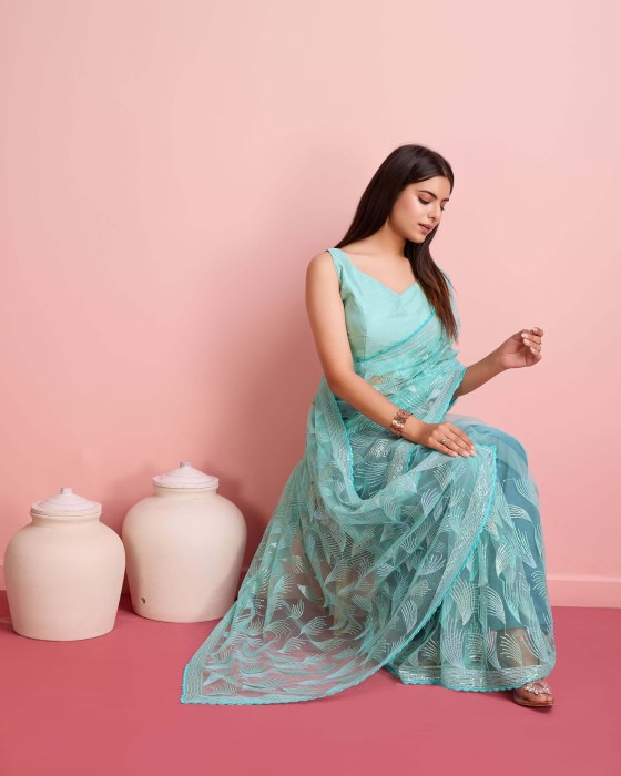 Over Sequence Work  Leaf Sky Blue Net Sarees