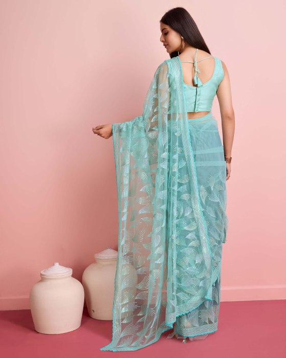 Over Sequence Work  Leaf Sky Blue Net Sarees