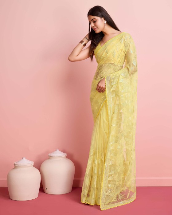 Over Sequence Work  Leaf Yellow Net Sarees