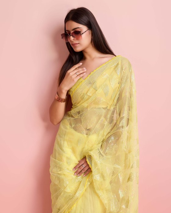 Over Sequence Work  Leaf Yellow Net Sarees