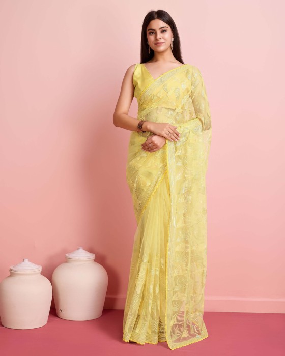 Over Sequence Work  Leaf Yellow Net Sarees