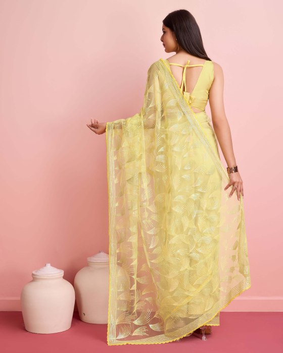 Over Sequence Work  Leaf Yellow Net Sarees