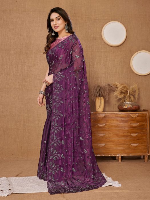 Party Wear Purple Soft Premium Canberry  silk Saree Net Sarees