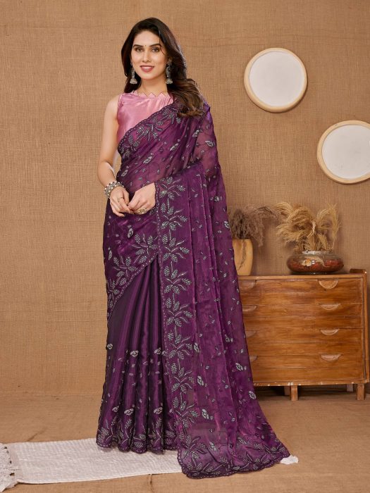 Party Wear Purple Soft Premium Canberry  silk Saree Net Sarees