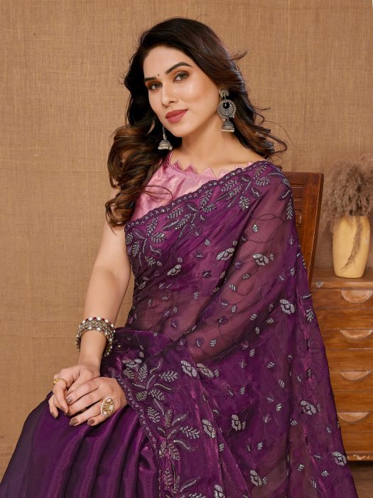 Party Wear Purple Soft Premium Canberry  silk Saree Net Sarees