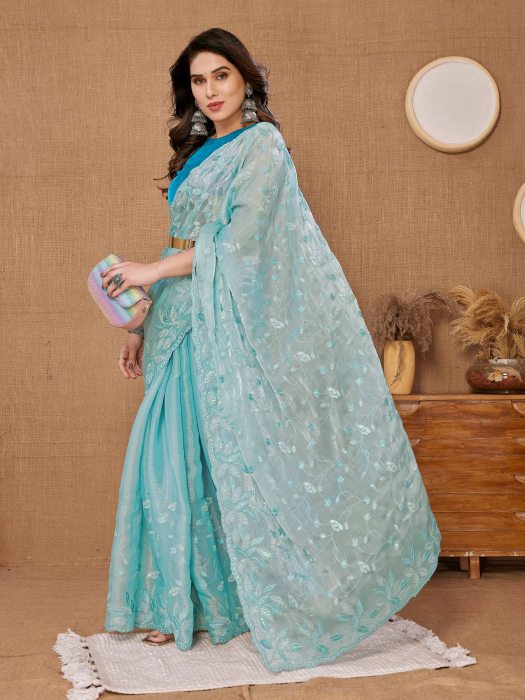 Party Wear Sky Blue Soft Premium Canberry  silk Saree Net Sarees