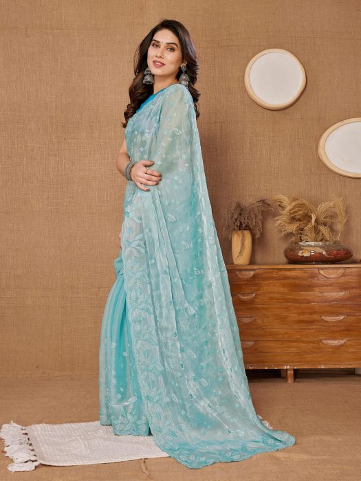 Party Wear Sky Blue Soft Premium Canberry  silk Saree Net Sarees