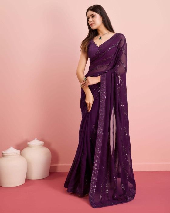 Party Wear Soft Premium Georgette Purple Saree Net Sarees