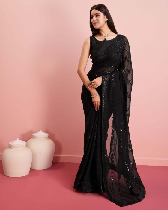 Party Wear Soft Premium Georgette Black Saree Net Sarees