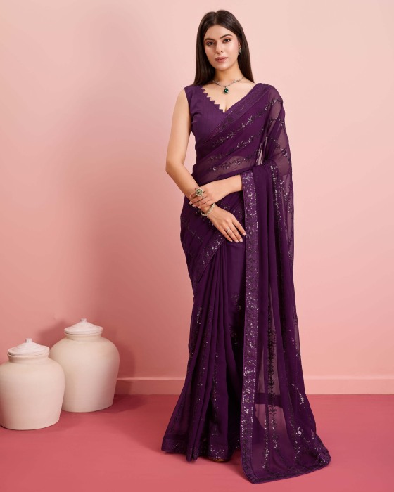 Party Wear Soft Premium Georgette Purple Saree Net Sarees